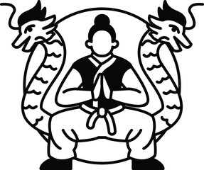 A man is sitting on a chair with two dragons on either side of him