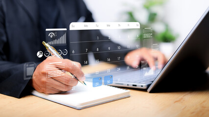 Time management concept. Businessman manages time for effective work. Secretary manages time schedule for effective work.