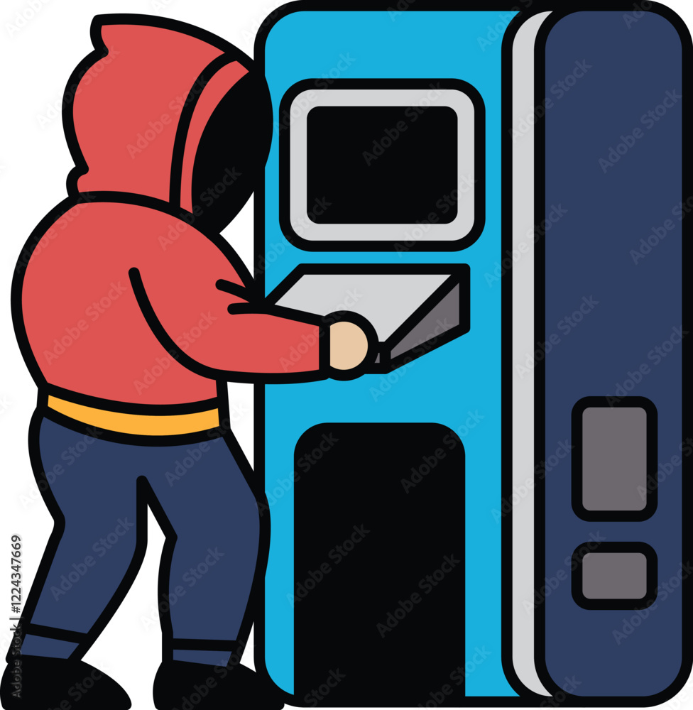 Poster a man in a red hoodie is trying to use a vending machine