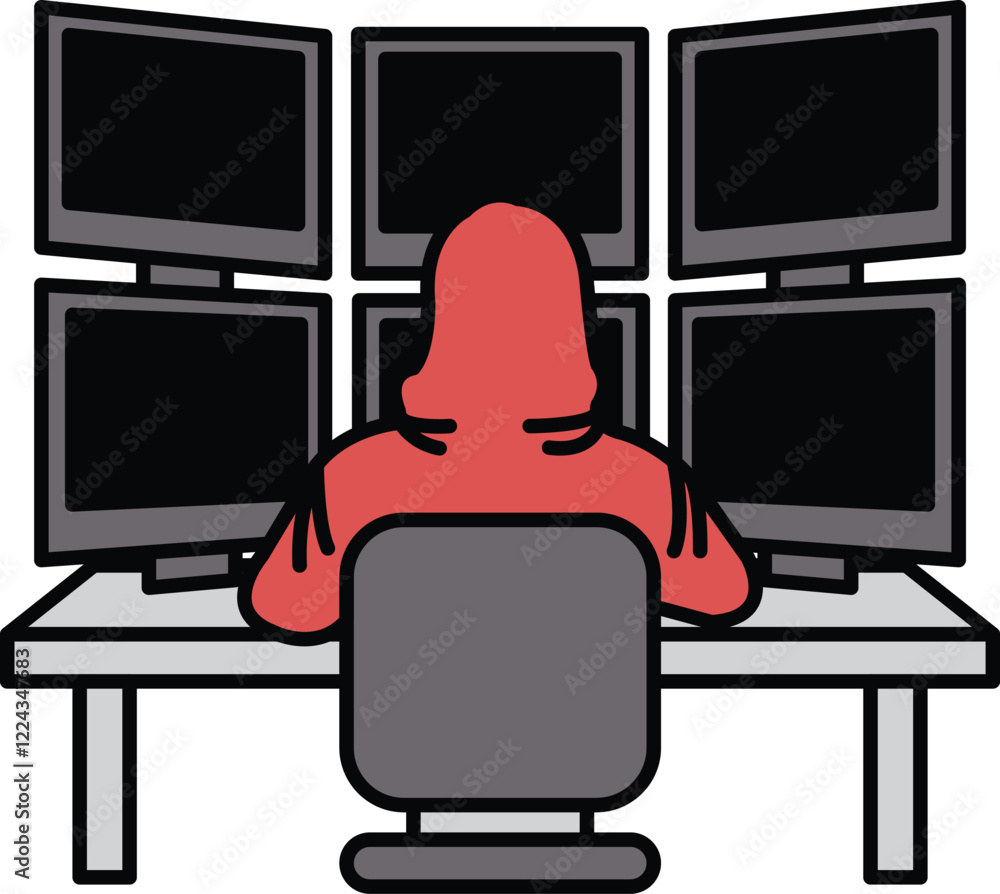 Poster a man in a red hoodie sits in front of a computer monitor with a keyboard