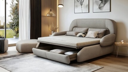 Modern gray sofa bed with storage drawer. Ideal for small spaces, offering comfort and practicality.