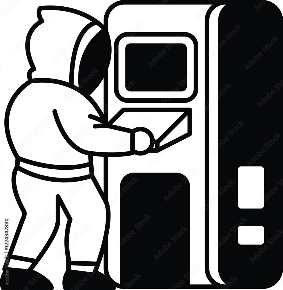 Poster a man in a hoodie is standing in front of a vending machine