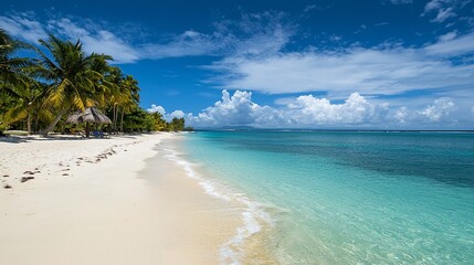 Fototapeta premium Serene tropical beach with clear turquoise water, palm trees, and distant clouds under a blue sky