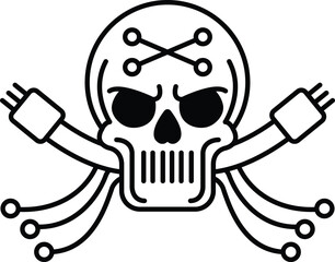 A skull with a cross on it and a cable coming out of its mouth