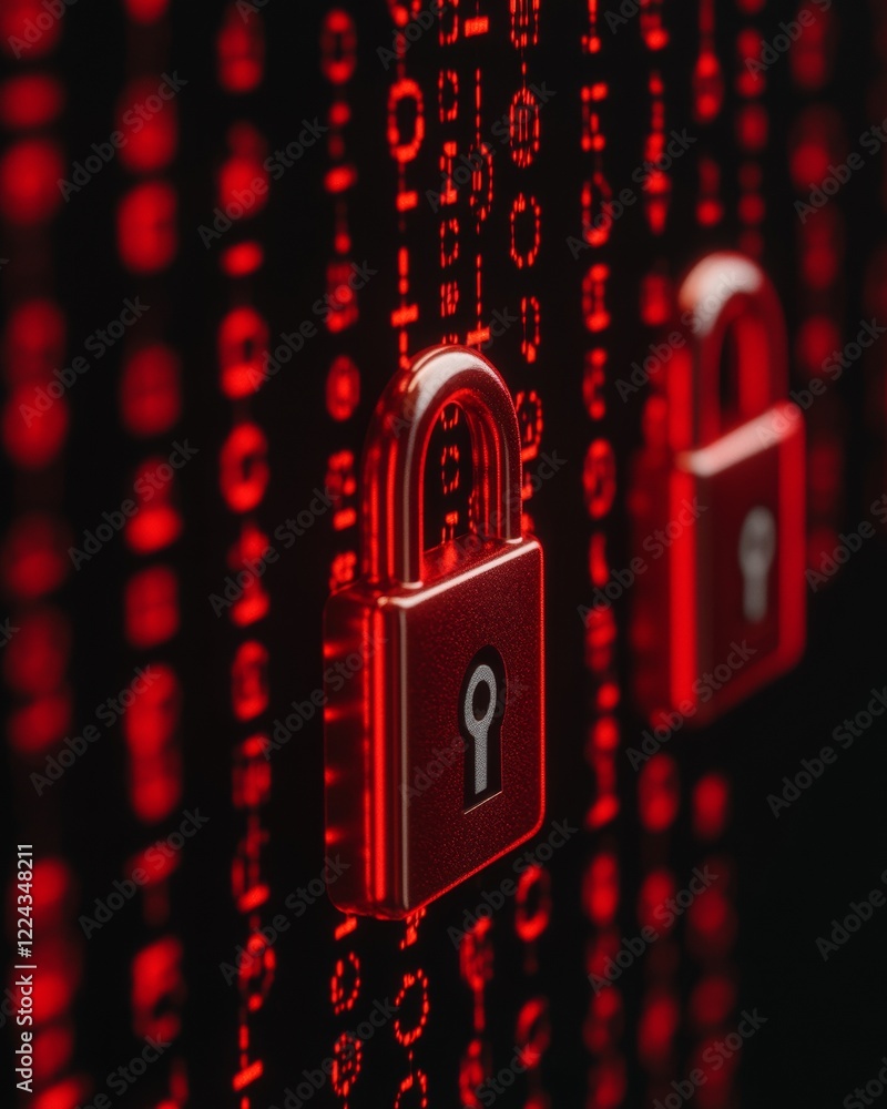 Aufkleber SecureTech Visual Red Coded Locks on Digital Screen - Cybersecurity Aesthetics for Fintech Platforms and Corporate Threat Prevention Strategies