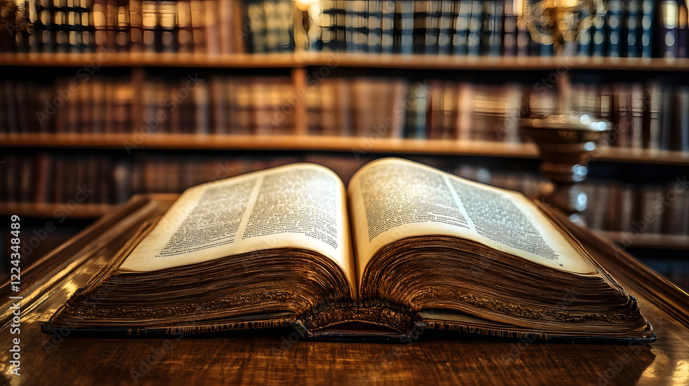 Poster ancient open book in historic library with rich leather volumes : generative ai