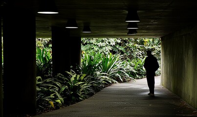 Person silhouetted in dark tunnel by lush tropical garden