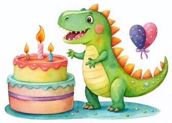Fototapeta premium Adorable Watercolor Dinosaur Birthday Cake - Aerial View Clipart