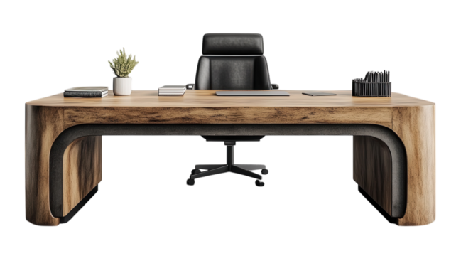 Elegant wooden desk and modern chair in a minimalist office setup showcasing productivity and style