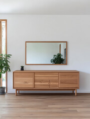 Modern wooden furniture with mirror and plant in a bright minimalist interior space