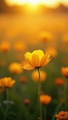 Softly glowing flowers in a vast field of golden hues, fields, meadow