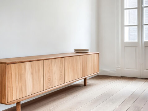 Modern wooden sideboard in a bright living room with white walls and elegant lighting