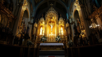 Obraz premium Opulent Gold Interior of Ornate Cathedral with Elaborate Religious Icons : Generative AI