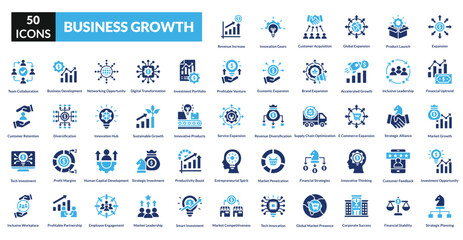 business growth fill icon set collection. Expansion, Financial Uptrend, Market Growth, Investment Opportunity, Strategic Planning, Revenue Increase, customer Acquisition, Product launch