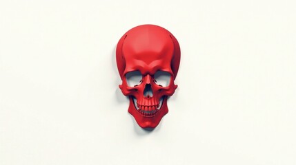 Fototapeta premium A vibrant red skull, rendered in striking detail, is presented against a stark white backdrop, a captivating visual study in contrast and form.