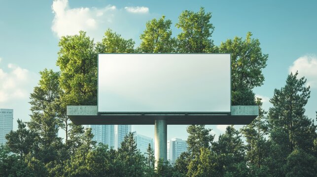 Blank billboard with green trees on top, cityscape in background. Perfect for eco-friendly, sustainable, or nature-themed advertising campaigns.