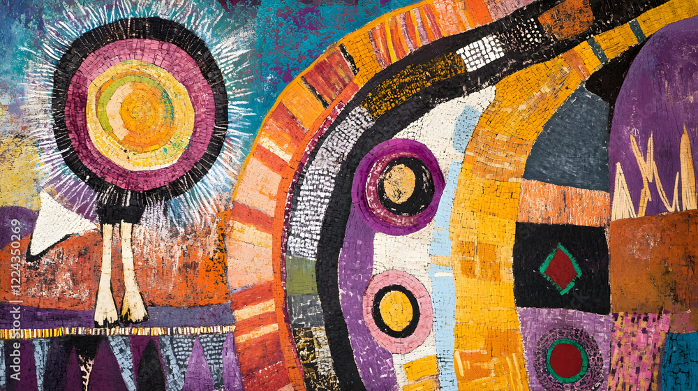 Poster vibrant abstract painting with circular and geometric patterns in bold colors : generative ai