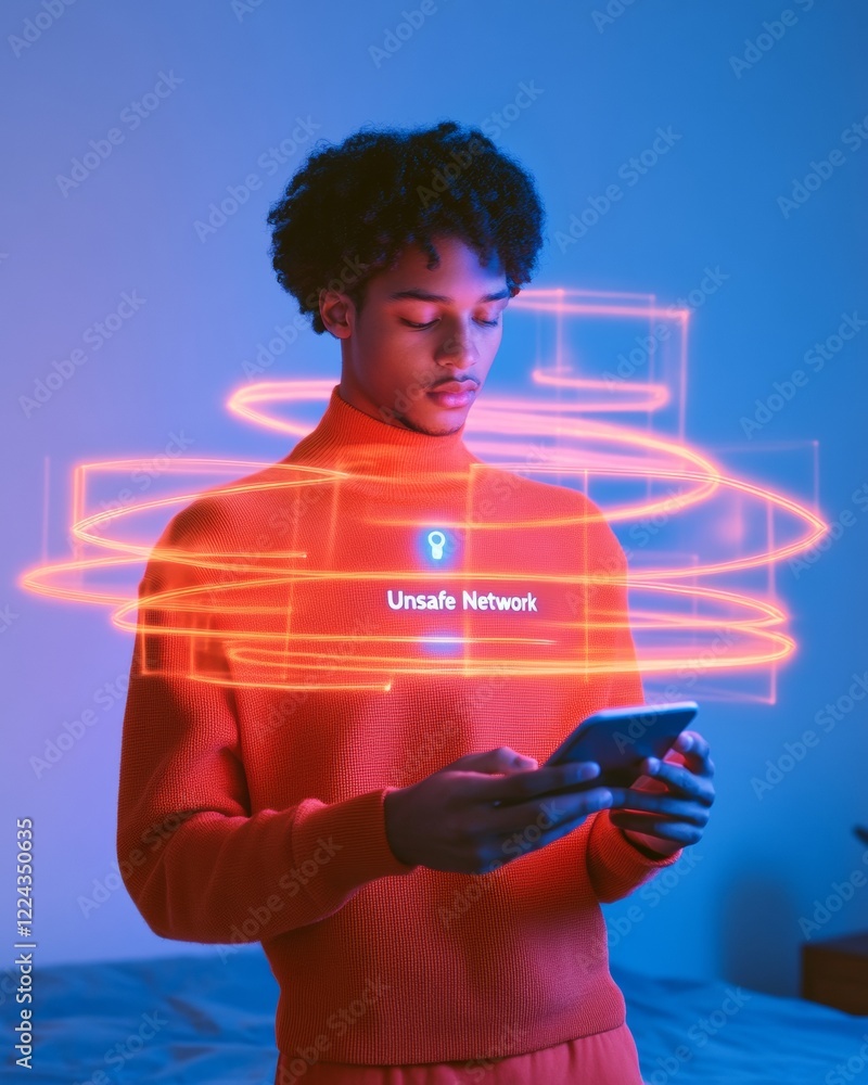 Aufkleber Glow Tech Alert Teen Navigating Cybersecurity on Smartphone in Cozy Digital Oasis - Safe Browsing Innovations and Privacy Solutions in Gen Z Network Spaces