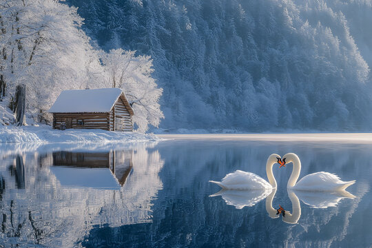 A wonderful landscape with a crystal clear lake and two swans, a hut surrounded by snow-covered trees stands on the shore. - Powered by Adobe