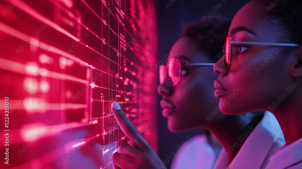 Aufkleber futuristic team synergy space diverse professionals in neon-lit, tech-driven puzzle room with hologr