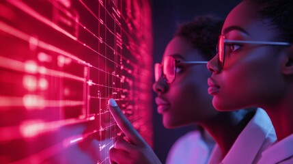 Futuristic Team Synergy Space Diverse Professionals in Neon-Lit, Tech-Driven Puzzle Room with Holographic Displays - Boosting Workplace Innovation and Digital Strategy