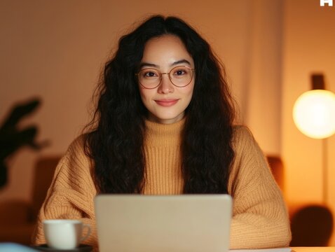 Minimalist Digital Workspace Young Latina Woman Engaged in Virtual Volunteering and Crowdfunding - Warm Light Aesthetic for Modern Community Initiatives