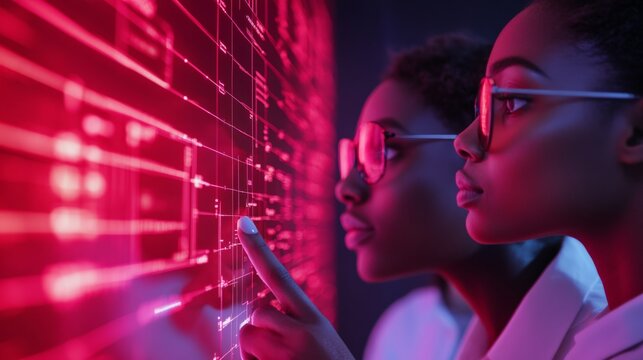 Futuristic Team Synergy Space Diverse Professionals in Neon-Lit, Tech-Driven Puzzle Room with Holographic Displays - Boosting Workplace Innovation and Digital Strategy