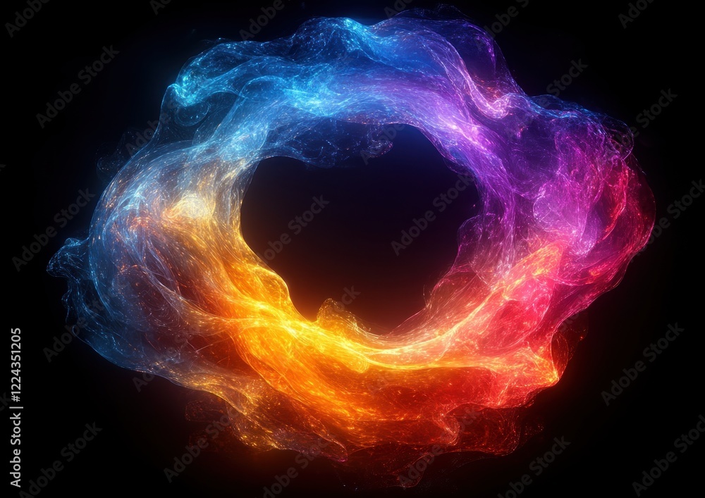 Poster glowing circular form with wavy iridescent strands in modern abstract design