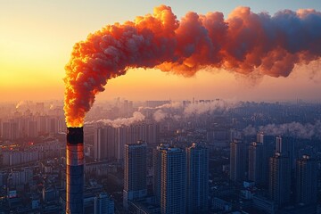 A vibrant sunset casts an orange glow on smoke billowing from a city chimney, highlighting urban pollution and environmental concerns.