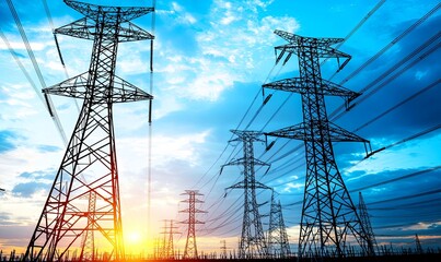 Power lines at sunset, electricity distribution network silhouette against colorful sky