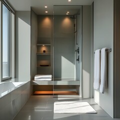A minimalist bathroom with seamless glass shower doors and a recessed shelf.