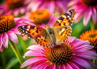 Obraz premium Aerial Close-Up: Butterfly on Echinacea Flower, Vibrant Summer Colors