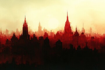 Fototapeta premium A moody silhouette of a city skyline at dusk, featuring dark structures and striking red hues blending into a soft background.
