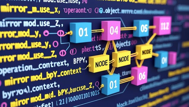 colorful and dynamic representation of computer code and data flow diagrams