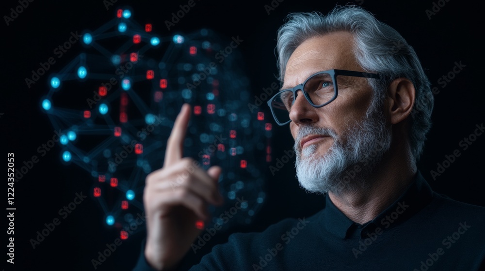 Poster Sophisticated Virtual Presentation Silver-Haired Speaker with Dynamic Digital Network Background in Futuristic Business Forum - Innovation in Professional Development and Digital Collaboration