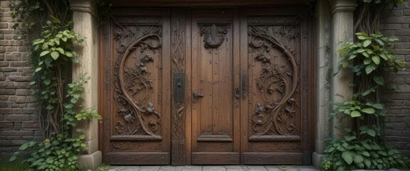 Obraz premium Ancient wooden door with intricate carvings of vines and leaves, wooden architecture, antique door