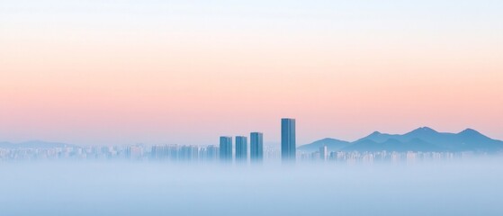 Fototapeta premium Fog-Covered Skyline in Seoul at Dawn Serene Architectural Silhouettes in Modern Urbanism for Marketing, Real Estate, and Strategic Urban Development Insights