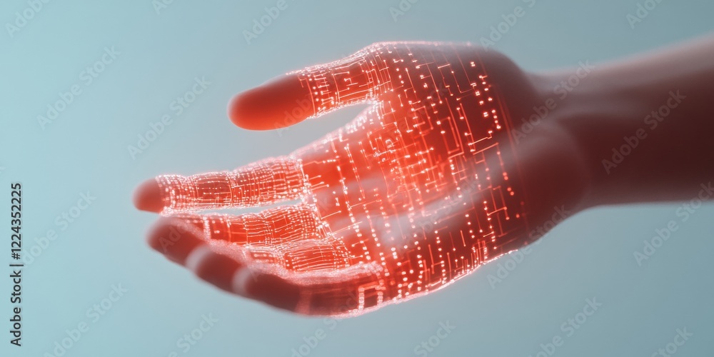 Poster Digital Harmony Futuristic Hands with Neon Circuitry in Soft Matte - Tech Compliance Visuals for Innovative Business Security Solutions