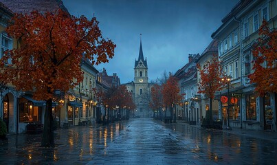 Fototapeta premium Rainy autumn evening on a European town street with church, shops, and colorful trees