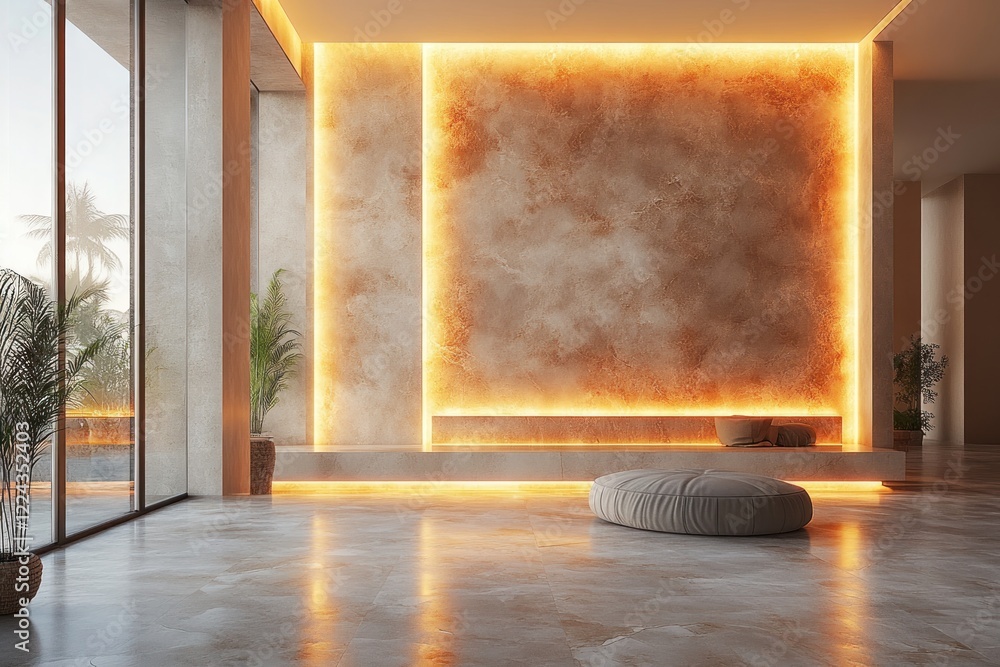 Poster modern empty gallery room with illuminated display wall and city view