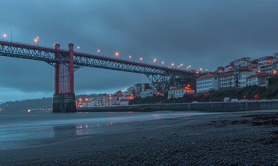 Fototapeta premium Red bridge over calm water at dusk, coastal town in background, ideal for travel or architecture projects