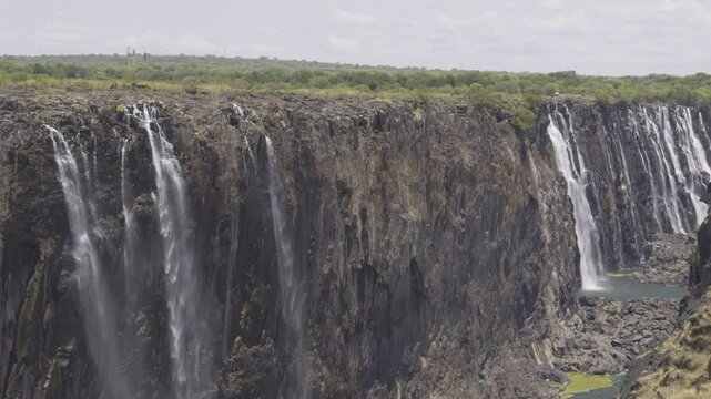 Majestic view of Victoria Falls in Zimbabwe, showcasing multiple cascading waterfalls and lush surroundings.