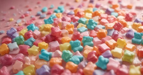 Background made of layered soft pastels creates a sense of depth with floating gummy bears amidst the hues, abstract background, soft pastel gradient, sugary delights