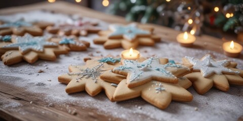 Baked and decorated star-shaped cookies placed on a winter wonderland-themed table, baking, table