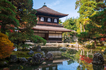 Ginkakuji temple with beautiful autumn garden and blue sky, Kyoto