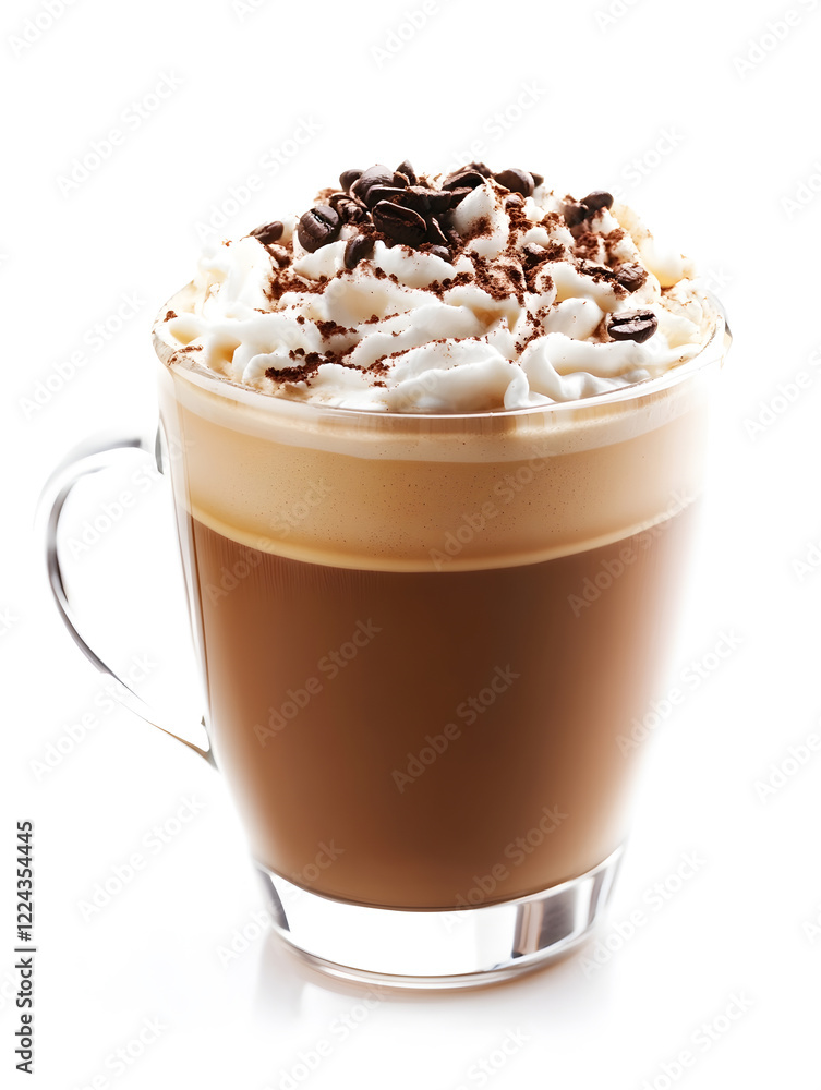Poster elegant cappuccino with whipped cream and coffee beans on white background : generative ai