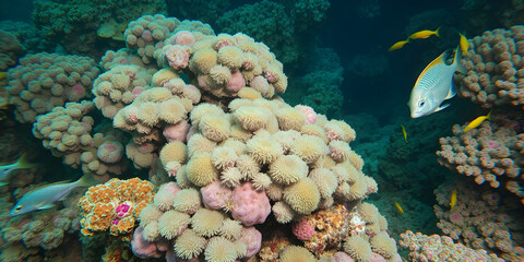 Obraz premium Abstract of a colorful coral reef with fish swimming by, captured in ultra-HD clarity.