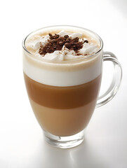 Perfectly Layered Cappuccino in Clear Glass Mug with Creamy Foam on White Background : Generative AI