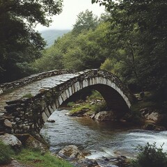 Ancient stone arch bridge over a flowing river in a lush forest.