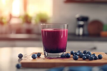 A refreshing blueberry smoothie in a glass, served on a wooden board with fresh blueberries scattered around.